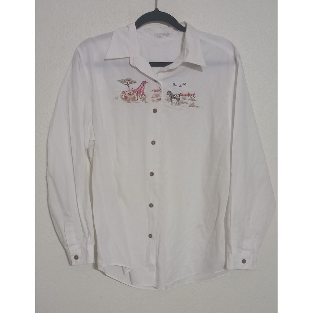 Foxcroft Womens White Safari Embroidered Button Down Shirt Zebra Giraffe Lion 16